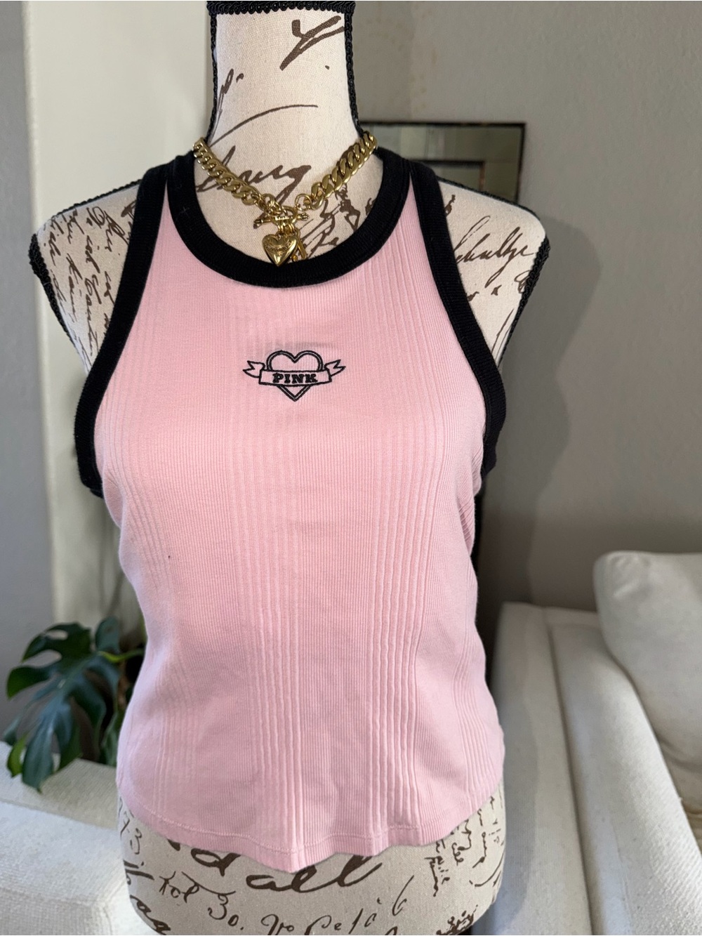 PINK Victoria's Secret Light Pink Ribbed Tank with Black Trim